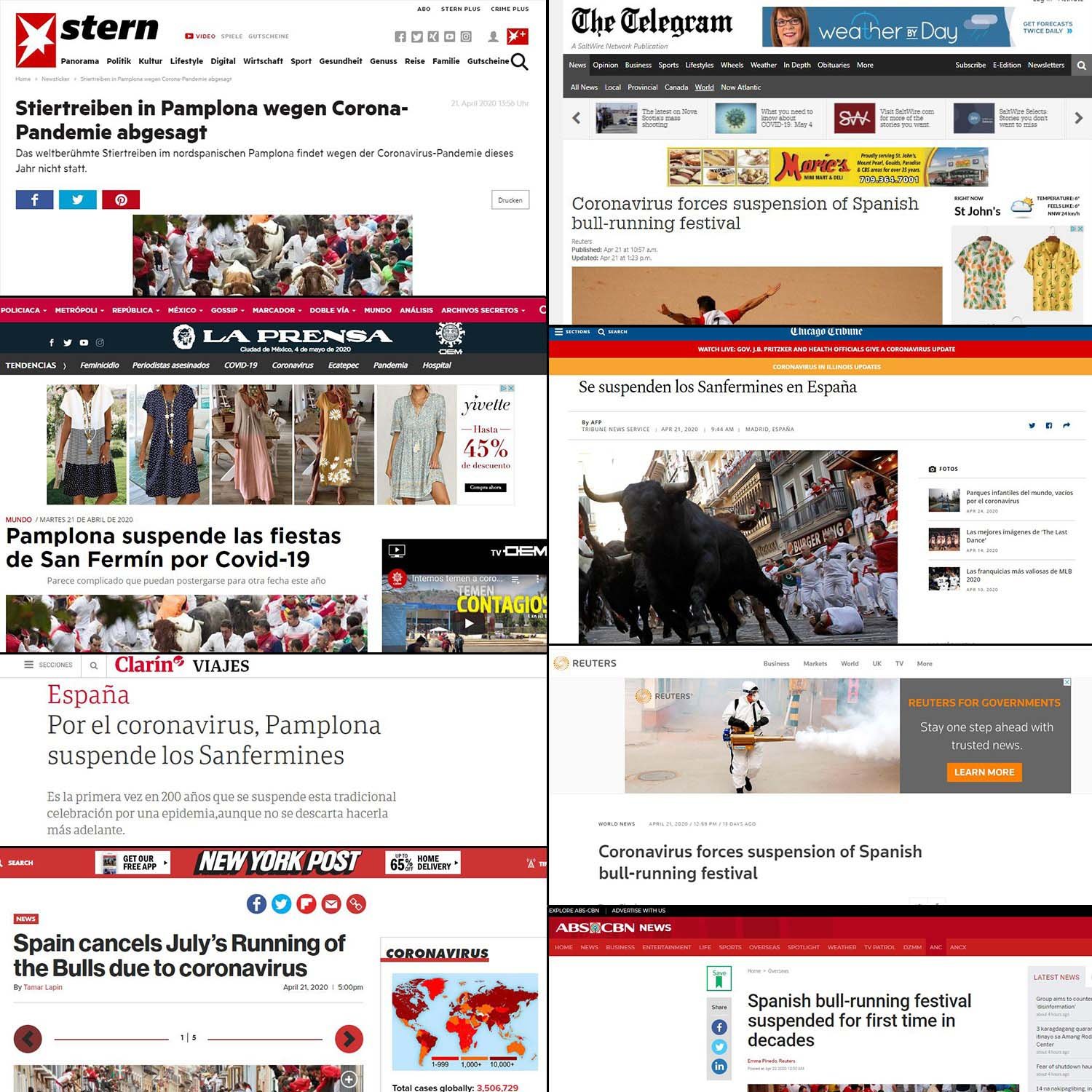 La noticia de la suspensión de los Sanfermines 2020 alcanzó una audiencia acumulada de 541 millones en medios de comunicación on line de todo el mundo