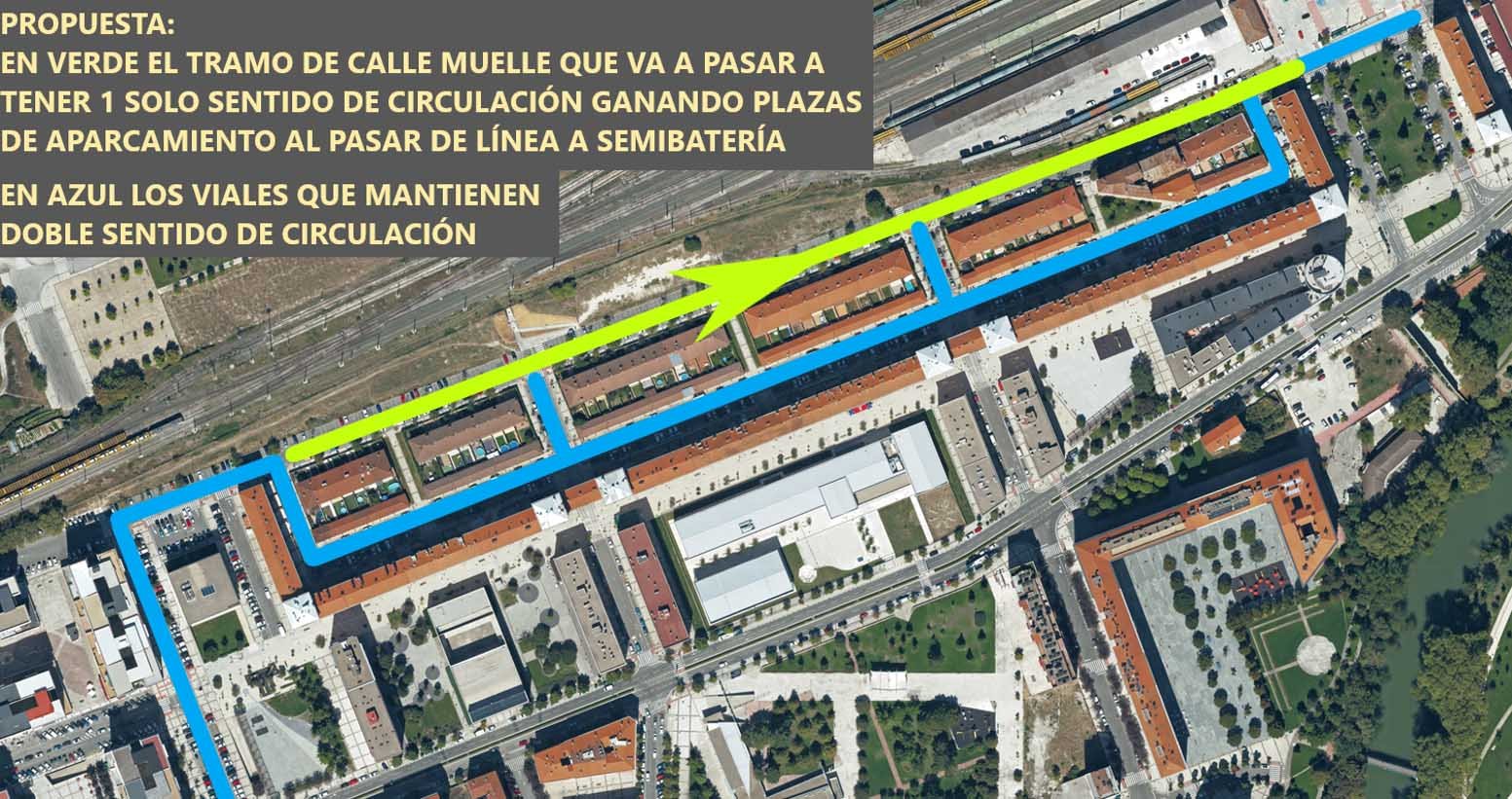 El tramo de la calle del Muelle, paralelo a la calle El Irati, se convertirá en vía de un único sentido de circulación, hacia la estación de tren, y ganará 66 nuevas plazas para aparcar