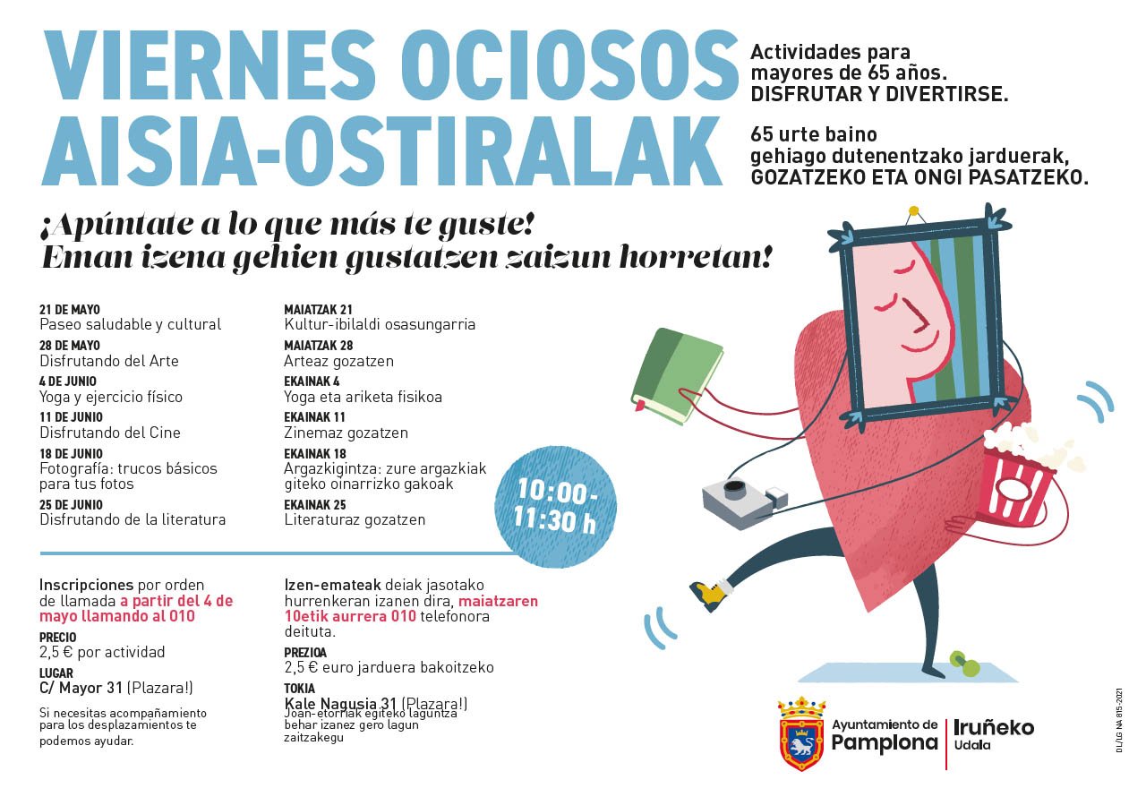 El Ayuntamiento propone, para mayores de 65 años, ‘Viernes ociosos’ con actividades y salidas por Pamplona para fomentar los paseos saludable y el entretenimiento
