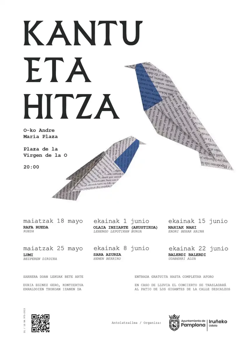 KANTU-eta-HITZA-cartel_2023 Kantu eta Hitza regresa a la plaza de la Virgen de la O con seis conciertos de pequeño formato en euskera los jueves del 18 de mayo al 22 de junio